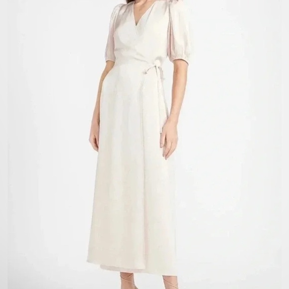 Express Beige Puff Sleeve Wrap Dress - Picture 1 of 6